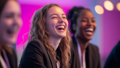 Obraz premium photo of business women in professional attire, smiling and laughing together at an event 