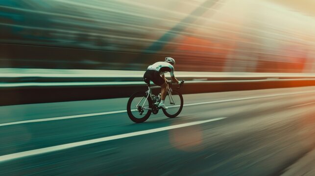 A dynamic shot of a cyclist speeding along an open road, capturing the exhilarating motion and vibrant atmosphere.