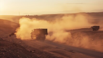 Heavy military trucks kick up a cloud of dust as they travel along a rugged, sunlit desert road, capturing the raw essence of a challenging journey.