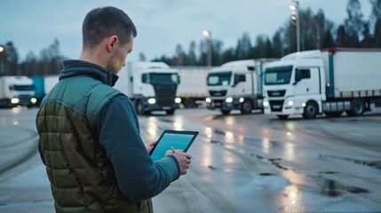 Man with a tablet manages a fleet of white trucks in a parking lot at dusk, representing logistics, technology, and modern transportation.