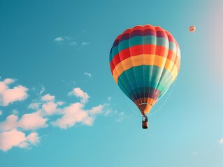 Naklejka premium Brightly Colored Hot Air Balloon Lifting Off Into Clear Sky Representing Freedom and Adventure