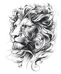 Fototapeta premium A detailed black and white illustration of a lion's head with flowing mane.