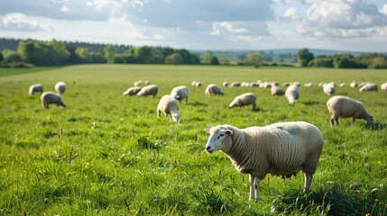 Fototapeta premium Sheep grazing in a lush green pasture on a sunny day