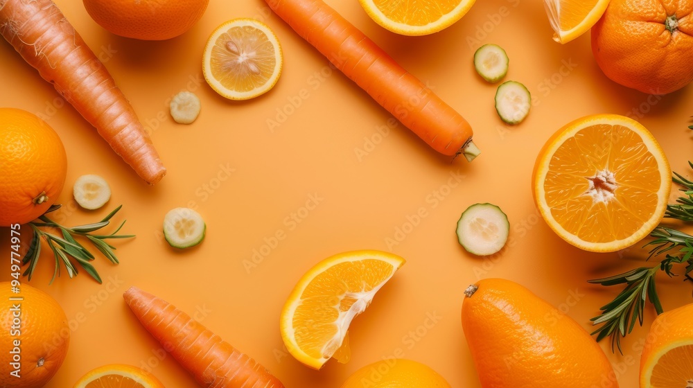 Wall mural A colorful arrangement of oranges, carrots, and citrus slices on a vibrant orange background, celebrating freshness and vitality.