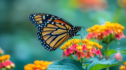 Fototapeta premium Magnificent Monarch Butterfly Resting on Vibrant Blooming Flower