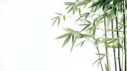 Fototapeta premium Closeup photograph of a tall thin bamboo bonsai tree with lush green leaves isolated on a clean white background with ample copy space for text overlay