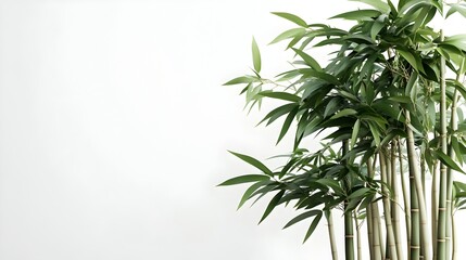 Naklejka premium Closeup of a bamboo bonsai tree with tall thin stalks and lush green leaves isolated on a clean white background with copyspace The image exudes a sense of natural elegance and tranquility