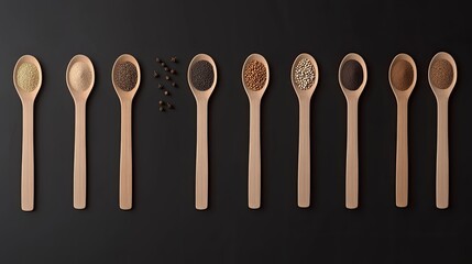 Different spices and herbs displayed in wooden spoons on a black table, offering a rich variety for cooking and flavoring dishes in an aesthetically pleasing arrangement