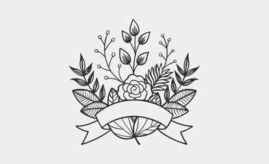 Hand-Drawn Floral Banner with Leaves and Inflorescences
