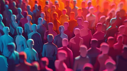 Fototapeta premium A crowd of multicolored 3D-rendered human figures stand together, creating a vibrant, abstract representation of community.