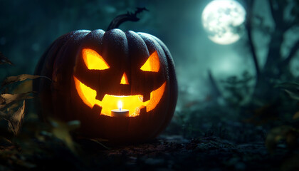 Fototapeta premium Glowing Jack-O-Lantern in a Dark Forest with a Full Moon