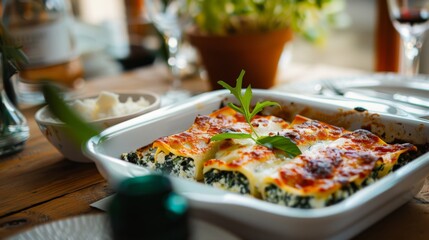 A creamy spinach and ricotta lasagna, lavishly baked to perfection, presented elegantly in a white baking dish adorned with fresh herbs.