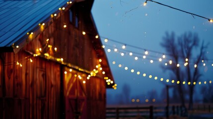 A rustic barn adorned with warm string lights on a foggy evening, evoking a cozy and nostalgic rural setting.