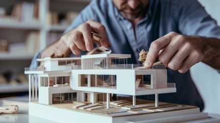 A meticulous architect works on a detailed, scale model of a modern house in his studio, emphasizing focus, craftsmanship, and creativity.