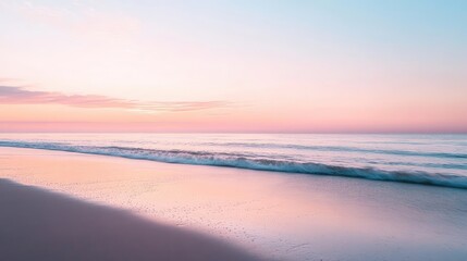 Empty, tranquil beach at sunset with soft, pastel skies and calm waves, creating a peaceful atmosphere of silent reverie.