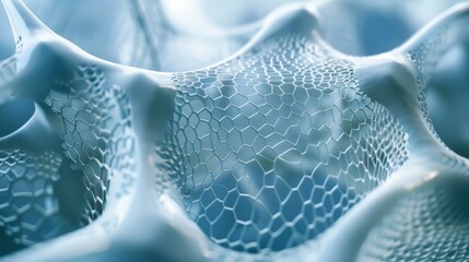 Mesh-like structure with a complex pattern, resembling a futuristic cellular network, bathed in soft blue light.