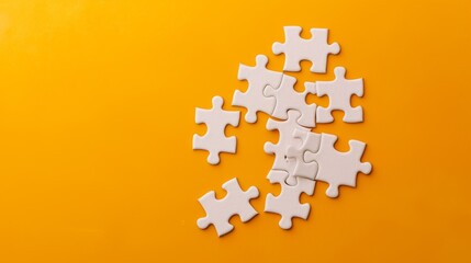 A cluster of white jigsaw puzzle pieces on a vibrant yellow background, evoking a sense of problem-solving and creativity.