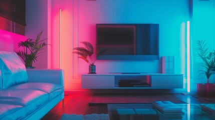A modern living room with neon pink and blue lights creating an inviting yet futuristic ambiance, centered around a sleek television unit.