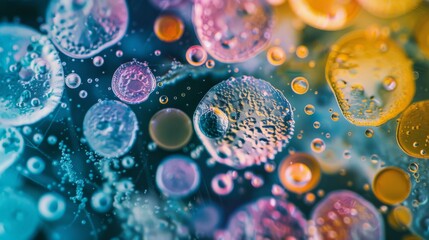 Vibrant and colorful abstract close-up of bubbles and oil droplets seen through a macro lens, creating a mesmerizing pattern.