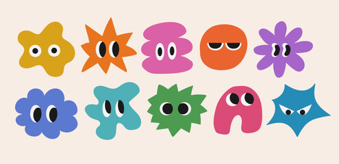 Set of abstract basic shape with big eye. Hand drawn trendy style. Collection character stickers. Faces with various emotions on isolated background