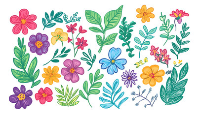 2D illustrator doodle-style floral and leaf graphics on a white background or wallpaper