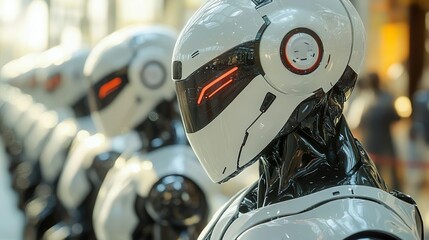 Fototapeta premium High-tech robot with bright eyes and helmet for creative digital designs