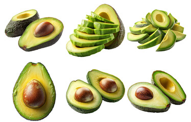 Sliced avocado with various cuts and whole avocados isolated on transparent background