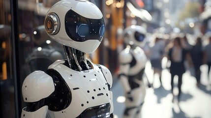 Fototapeta premium Robot with luminous helmet and eyes for advanced visual tech