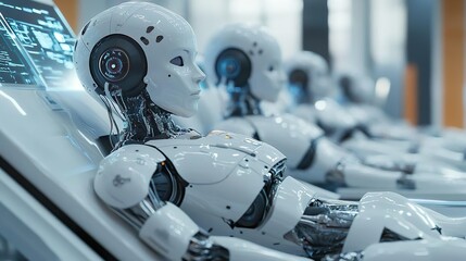 Fototapeta premium Futuristic robot with glowing eyes and helmet for innovative visuals