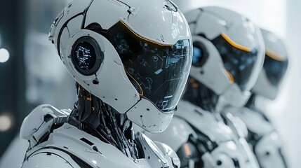 Fototapeta premium Futuristic robot with bright helmet and eyes for dynamic visuals