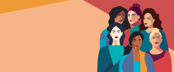 Women of different nationalities and religions stand together. Vector postcard with space for text with International Women's Day. Movements for gender equality and women's empowerment