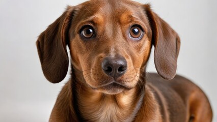 Portrait of Chocolate and tan smooth haired dachshund dog on grey background