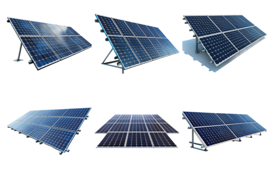 Array of solar panels in different angles isolated on transparent background