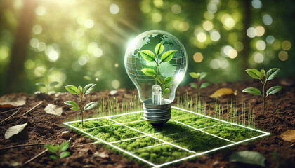 A light bulb planted in the ground with a grid overlay, representing the structured approach to green energy and environmental conservation.