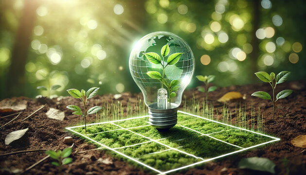 A light bulb planted in the ground with a grid overlay, representing the structured approach to green energy and environmental conservation.