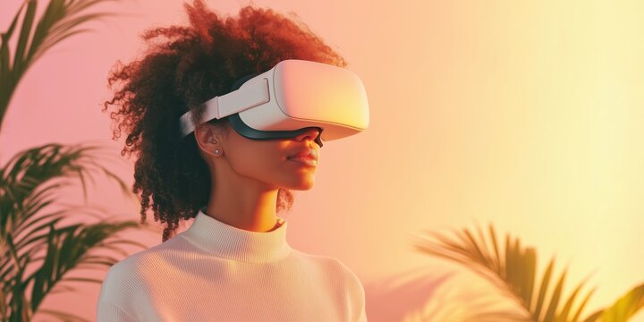 An African-American woman uses a virtual reality simulator VR headset and among tropical indoor plants