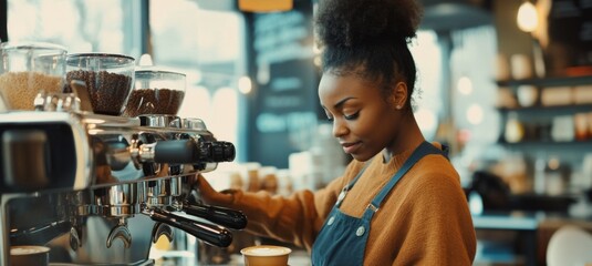 black woman barista is making coffee at the counter of her small business cafe