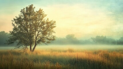 Fototapeta premium Gentle, foggy morning in a quiet meadow, with soft light and muted colors evoking a sense of silent contemplation and serenity.