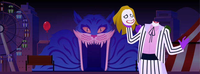 Obraz premium Night amusement park, poltergeist in Blue Cheshire cat.