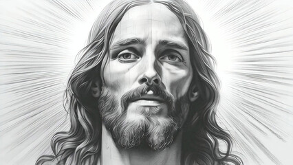 Jesus Christ face portrait in pencil sketch style with radiant light rays close-up detailed black and white new beautiful stock image illustration AI