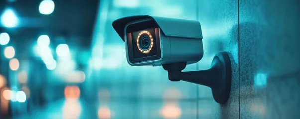 A close-up image of a modern surveillance camera mounted on a wall, featuring illuminated LED lights around the lens. © Rumpa
