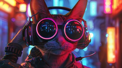 A humanoid fantasy character with a sleek cat head wearing futuristic sunglasses and large, stylish headphones. The character is set against a neon-lit urban background with a vibrant mix of