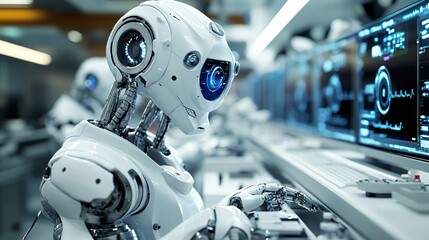 Fototapeta premium Robot with luminous helmet and eyes for creative visual designs