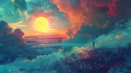 Fototapeta premium A vibrant sunset over a tranquil sea, filled with colorful clouds and a solitary figure. Perfect for serene and inspirational themes.