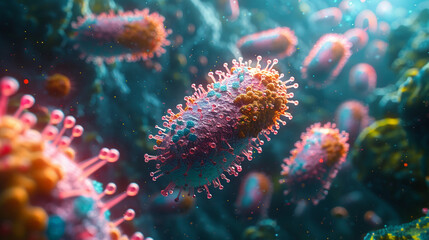 Naklejka premium microscopic shot of different types of microbes Virus cells and bacteria background