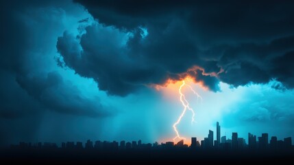 Fototapeta premium A cityscape silhouette with dark clouds and lightning bolts looming over it, representing economic uncertainty and risk.