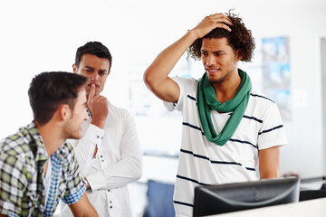 Creative, confused and men in office together for brainstorming, planning and team thinking. Problem solving, discussion and frustrated business people at digital agency for design, ideas and doubt