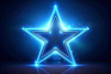 Blue star glowing blue neon with curved light lines and sparkle on dark blue background. Award concept.
