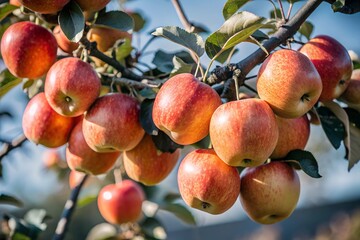 Obraz premium Cluster of ripe, red apples hanging from a tree branch