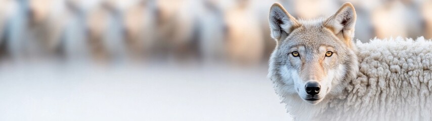 Obraz premium Wolf in Sheep's Clothing, a closeup of a cunning wolf blending into a flock, set against a minimalist backdrop, emphasizing deception in a clean, open environment.